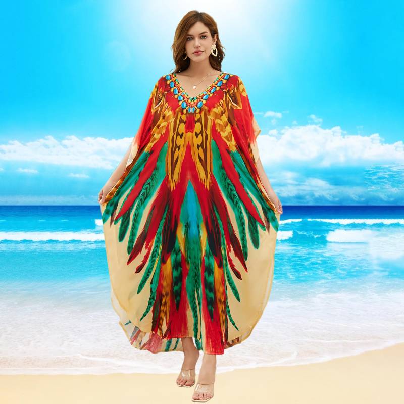 Kaftan Strandkleid Rayon Damen Boho Bunt Bedruckt Plus Size Maxi Sommer Badeanzug Cover Up One Size rot/grün von Joom DACH