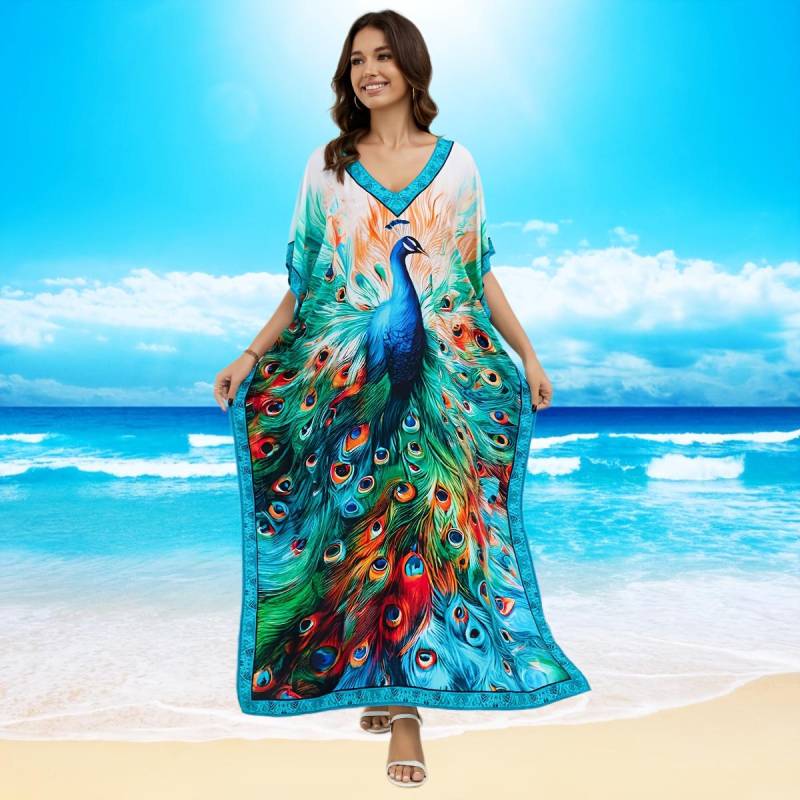 Kaftan Strandkleid Rayon Damen Boho Bunt Bedruckt Plus Size Maxi Sommer Badeanzug Cover Up One Size von Joom DACH