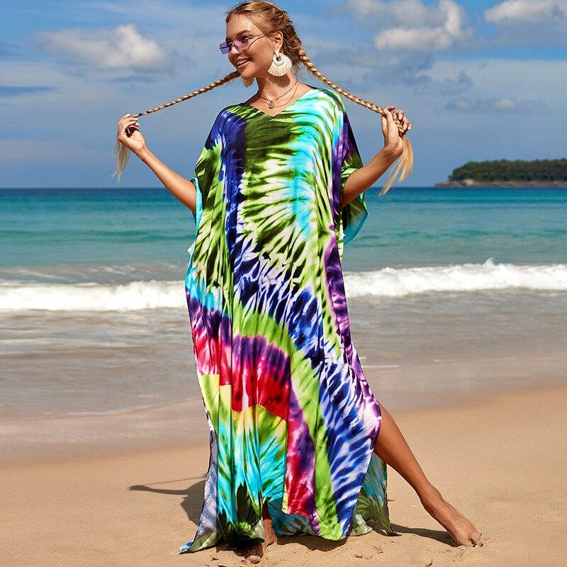 Kaftan Strandkleid Rayon Damen Boho Bunt Bedruckt Plus Size Maxi Sommer Badeanzug Cover Up One Size von Joom DACH