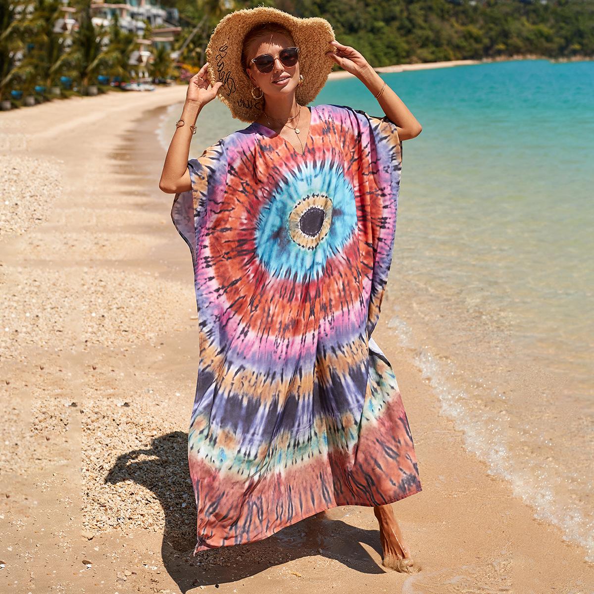 Kaftan Strandkleid Rayon Damen Boho Bunt Bedruckt Plus Size Maxi Sommer Badeanzug Cover Up One Size von Joom DACH