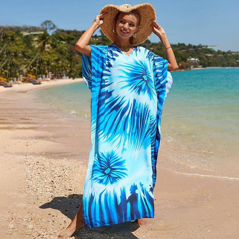 Kaftan Strandkleid Rayon Damen Boho Bunt Bedruckt Plus Size Maxi Sommer Badeanzug Cover Up One Size von Joom DACH