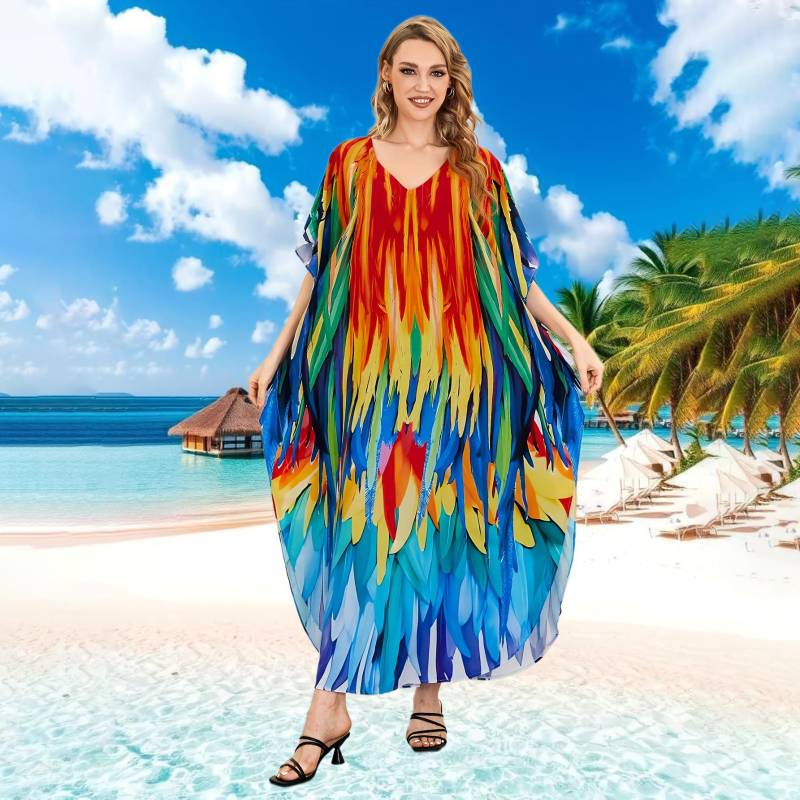Kaftan Strandkleid Rayon Damen Boho Bunt Bedruckt Plus Size Maxi Sommer Badeanzug Cover Up One Size von Joom DACH
