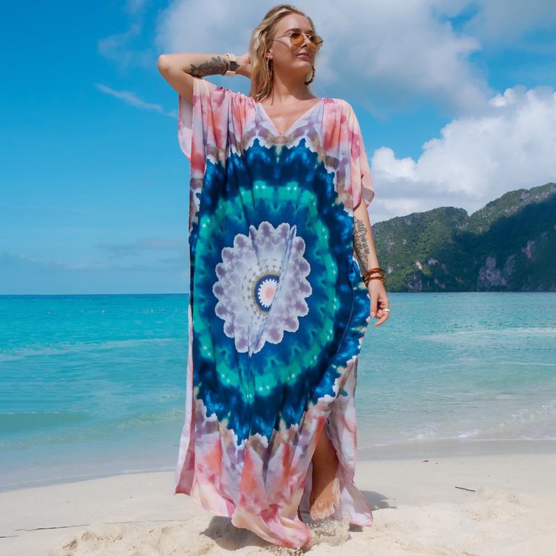 Kaftan Strandkleid Rayon Damen Boho Bunt Bedruckt Plus Size Maxi Sommer Badeanzug Cover Up One Size von Joom DACH