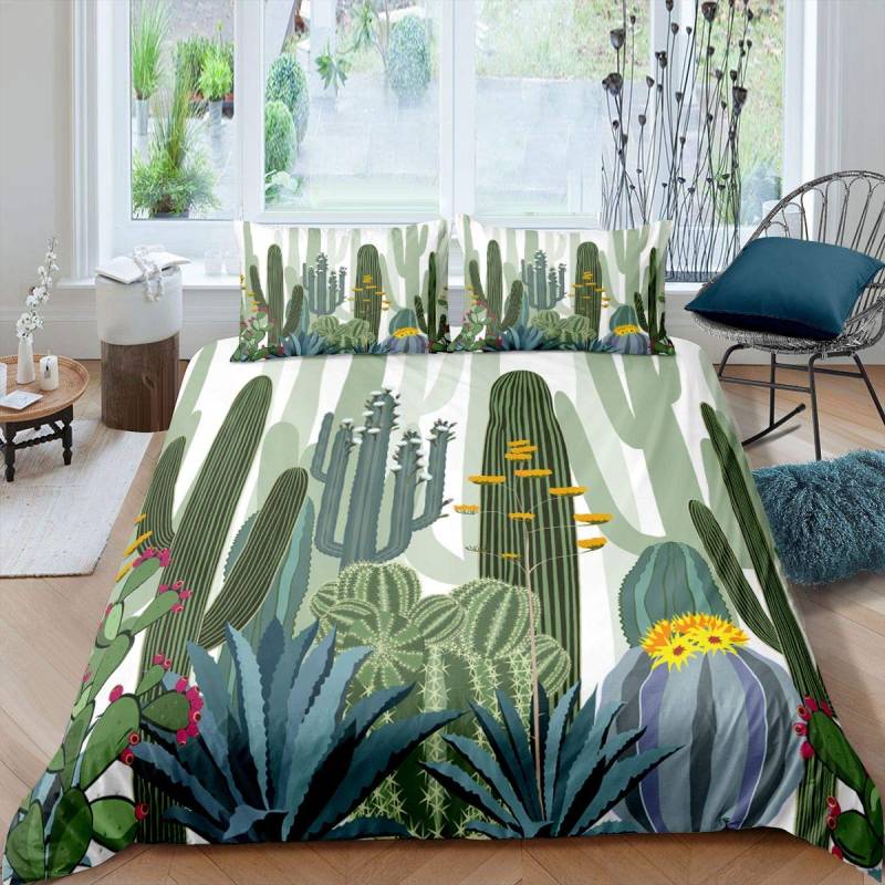 Kaktus Bettbezug Set King Size Handbemaltes Bettwäsche Set Natur Kunstdrucke Bettbezug Grüne Pflanze Kaktus Quilt Bezug EU single(135x200cm) von Joom DACH