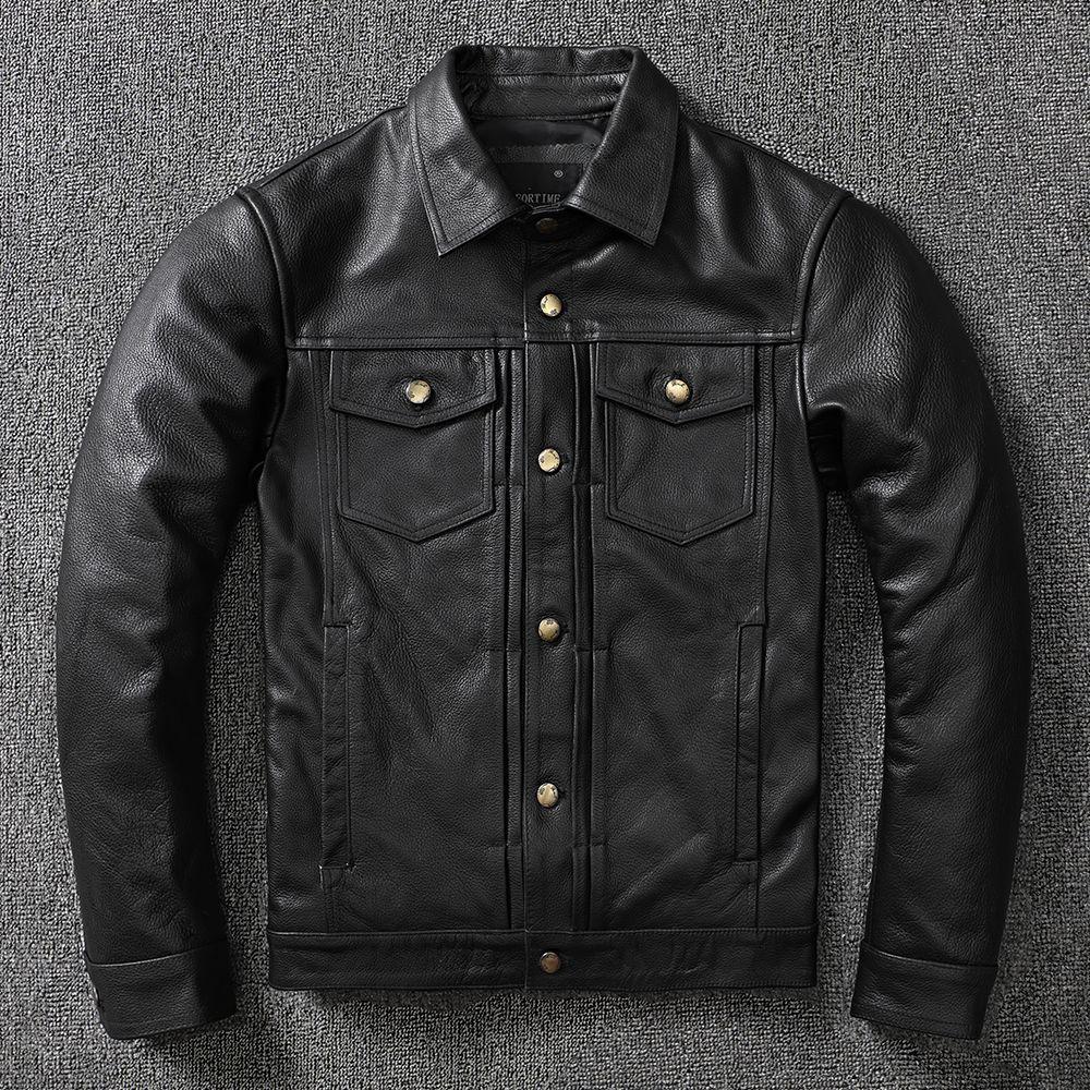 Kalbsleder Top Schicht Leder Leder Jacke Männer Revers Kurze Denim Leder Jacke Motorrad XL von Joom DACH