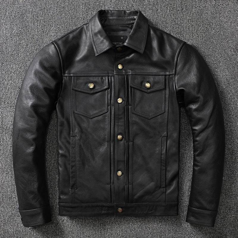 Kalbsleder Top Schicht Leder Leder Jacke Männer Revers Kurze Denim Leder Jacke Motorrad XL von Joom DACH
