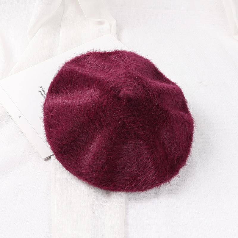 Kaninchenfell Baskenmütze Herbst Winter Hüte vielseitige Damen Trend Künstlerhüte gestrickte warme Knospenmützen Plüschhüte One size bordeaux von Joom DACH