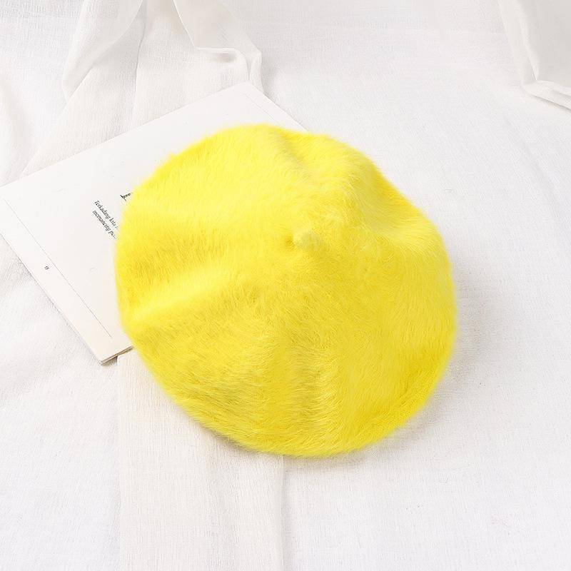 Kaninchenfell Baskenmütze Herbst Winter Hüte vielseitige Damen Trend Künstlerhüte gestrickte warme Knospenmützen Plüschhüte One size gelb von Joom DACH