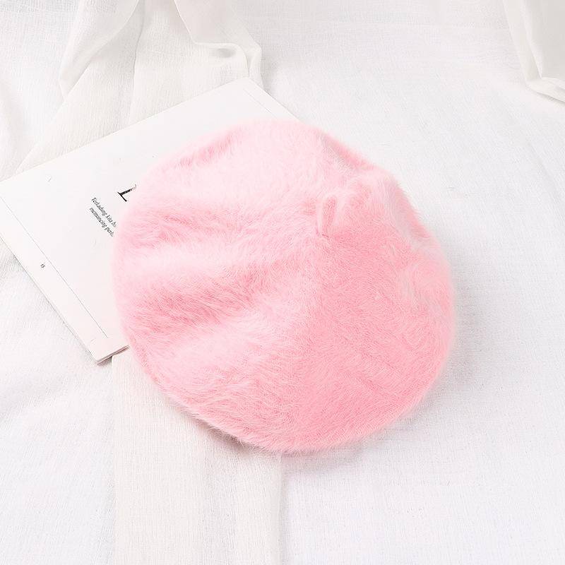 Kaninchenfell Baskenmütze Herbst Winter Hüte vielseitige Damen Trend Künstlerhüte gestrickte warme Knospenmützen Plüschhüte One size rosa von Joom DACH
