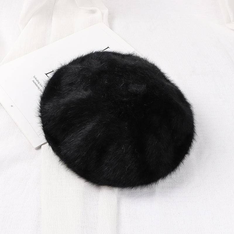 Kaninchenfell Baskenmütze Herbst Winter Hüte vielseitige Damen Trend Künstlerhüte gestrickte warme Knospenmützen Plüschhüte One size schwarz von Joom DACH