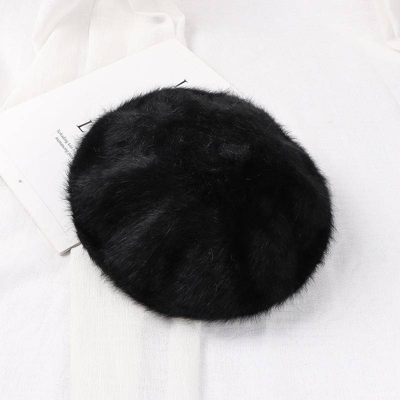 Kaninchenfell Baskenmütze Herbst Winter Hüte vielseitige Damen Trend Künstlerhüte gestrickte warme Knospenmützen Plüschhüte One size schwarz von Joom DACH