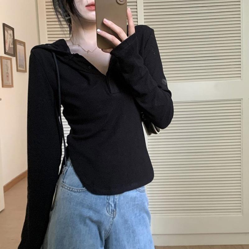 Kapuzen-T-Shirt für Damen im Herbst und Winter, neues unregelmäßiges, schlankes, lässiges Studenten-Top-Design, langärmeliges Sweatshirt 2XL von Joom DACH
