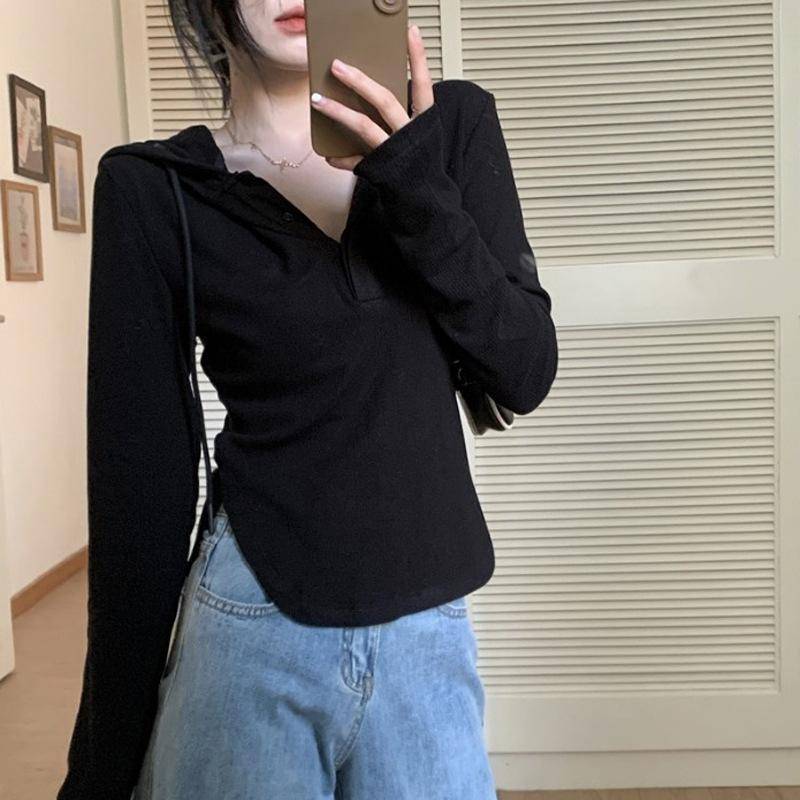 Kapuzen-T-Shirt für Damen im Herbst und Winter, neues unregelmäßiges, schlankes, lässiges Studenten-Top-Design, langärmeliges Sweatshirt 2XL von Joom DACH
