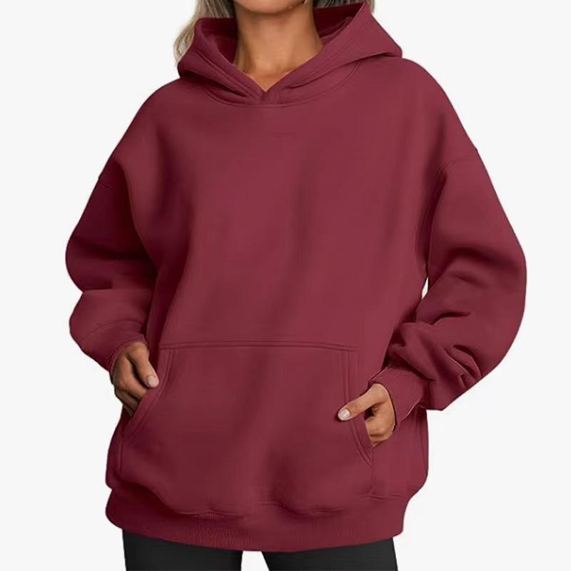Kapuzenpullover aus Baumwolle, lässiges Taschenoberteil, lockerer, einfarbiger Pullover für Damen, lockeres, lässiges, warmes Unterhemd für den Herbst XL bordeaux von Joom DACH