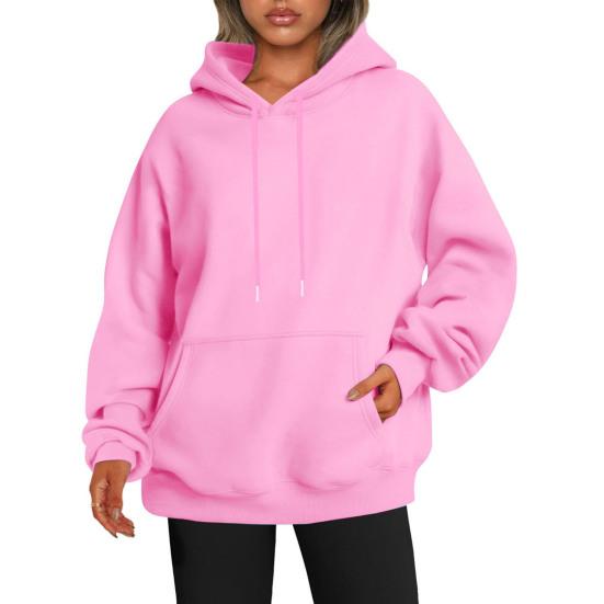 Kapuzenpullover für Damen, Herbst/Winter, dicke Kapuze, lange Ärmel, große Tasche, Übergröße, mittellang, einfarbig, locker, elastische Bündchen, Kordelzug, Sport-Oberteil S rosa von Joom DACH