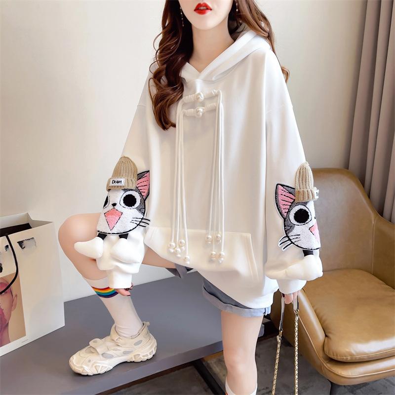 Kapuzenpullover für Damen, lockerer und süßer Kapuzenpullover mit Katzenstickerei, Winter-Kapuzenpullover in Volltonfarbe, lässige Jacke M weiß von Joom DACH