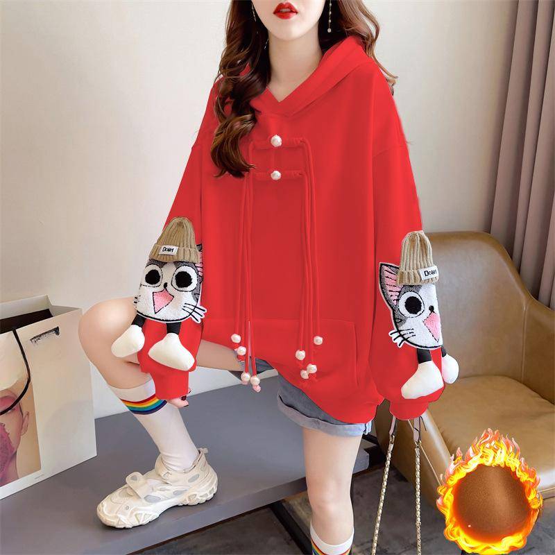 Kapuzenpullover für Damen, lockerer und süßer Kapuzenpullover mit Katzenstickerei, Winter-Kapuzenpullover in Volltonfarbe, lässige Jacke XL rot von Joom DACH