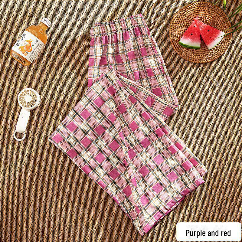 Karierte Sommerhose mit hoher Taille und weitem Bein für Damen – dünne, lässige, lockere und gerade Passform One size (80-140 catties) violett/rot von Joom DACH