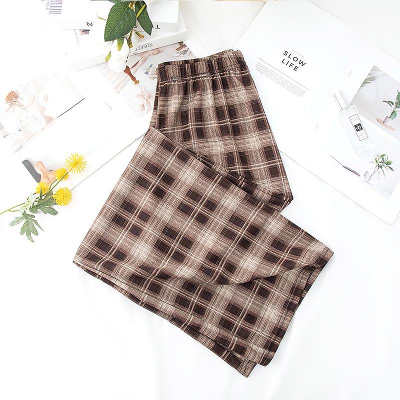 Karierte Sommerhose mit hoher Taille und weitem Bein für Damen – dünne, lässige, lockere und gerade Passform One size (80-140 catties) von Joom DACH