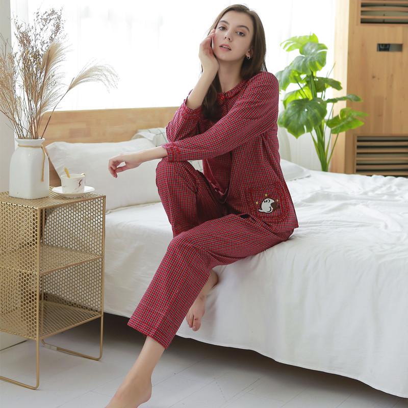 Karierter Pyjama aus Baumwolle und Leinen für Damen mit Rundhalsausschnitt, lockere, lässige Homewear, langärmelige Hose, zweiteiliges Pyjama-Set L von Joom DACH