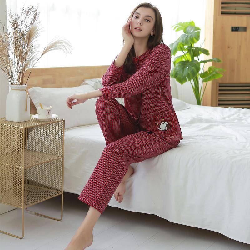 Karierter Pyjama aus Baumwolle und Leinen für Damen mit Rundhalsausschnitt, lockere, lässige Homewear, langärmelige Hose, zweiteiliges Pyjama-Set L von Joom DACH