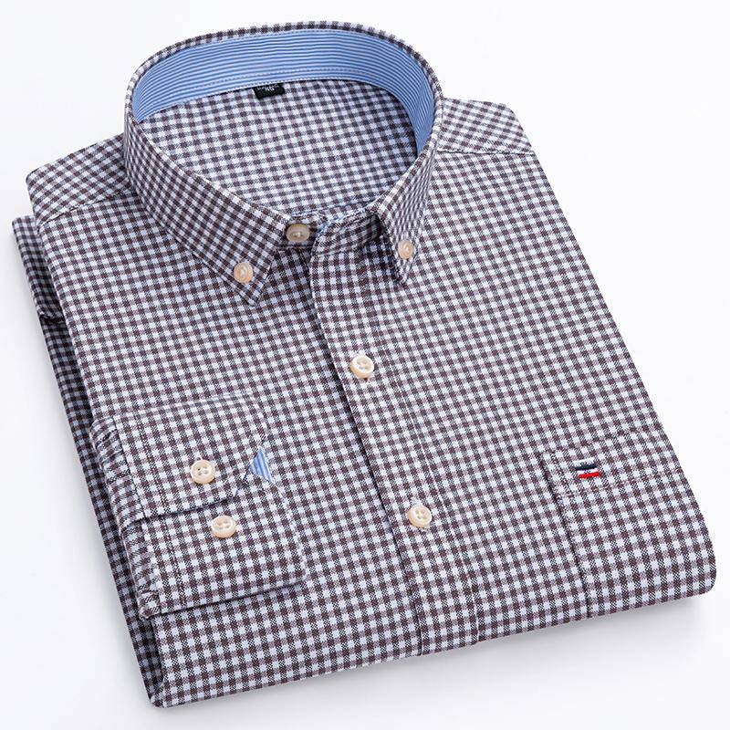 Kariertes Hemd aus reiner Baumwolle für Herren, Business-Casual, langärmlig, gestreift, Oxford-Hemd mit Tasche 4XL von Joom DACH