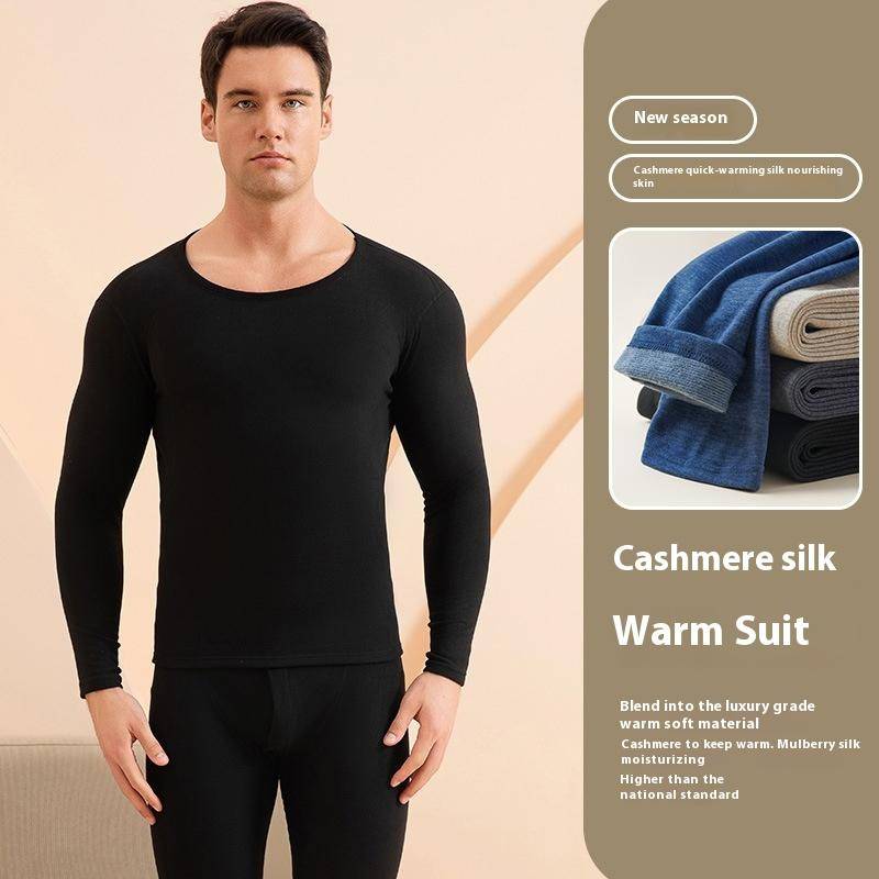Kaschmir Maulbeerseide Herren Warme Unterwäsche Set Winter Herbst Kleidung Thermo Einfarbig O-Ausschnitt Hygroskopisch Feuchtigkeitstransport 3XL(75-85kg) schwarz von Joom DACH