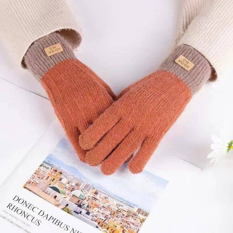 Kaschmir-Strick-Touchscreen-Handschuhe für Damen, Herbst und Winter, warm, für den Außenbereich, verdickte Vollfinger-Handschuhe orange von Joom DACH