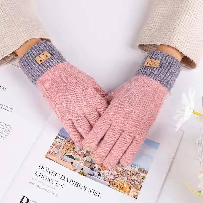 Kaschmir-Strick-Touchscreen-Handschuhe für Damen, Herbst und Winter, warm, für den Außenbereich, verdickte Vollfinger-Handschuhe rosa von Joom DACH