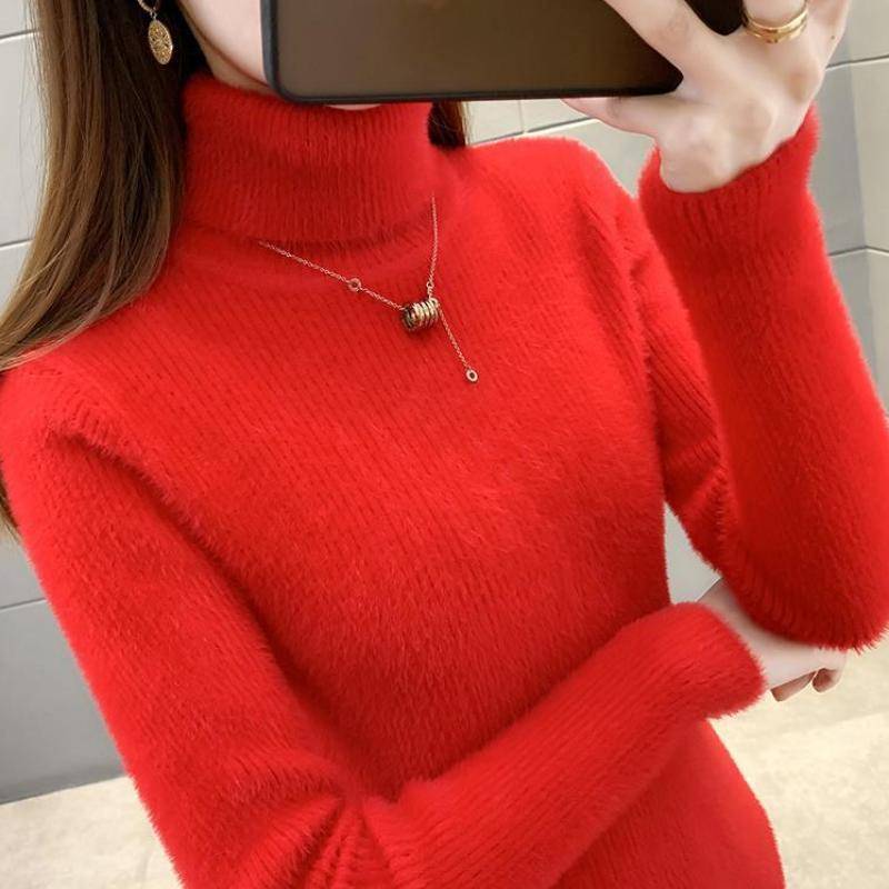 Kaschmirpullover Pullover Damen Herbst und Winter Halbhoher Kragen Einfarbig Lässig Langarm Strick Bottoming Sweater Top S rot von Joom DACH