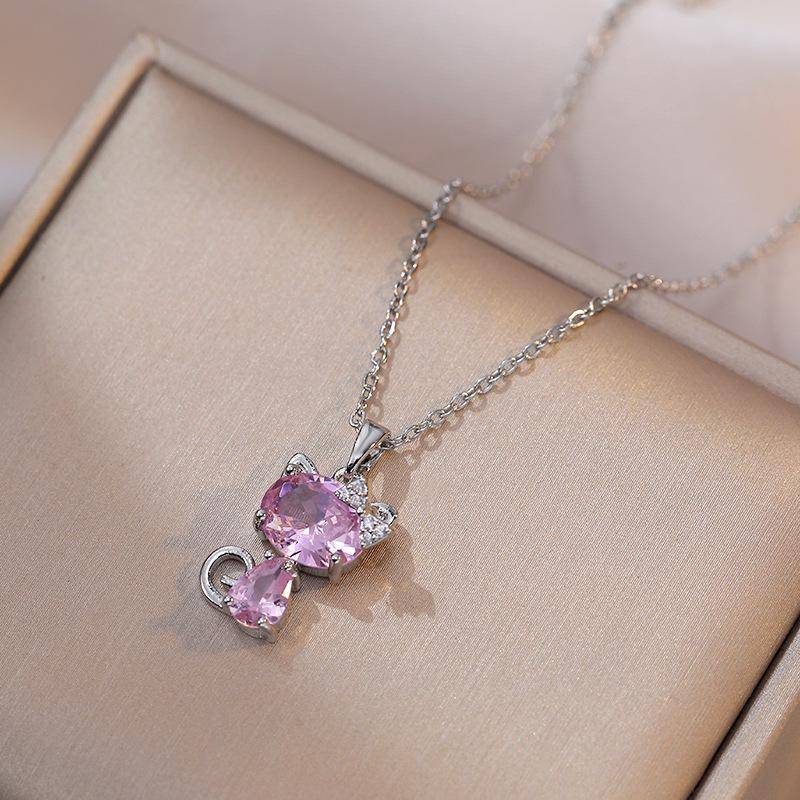 Katze Zirkon Anhänger Edelstahl Halskette Mädchen Schmuck Geburtstagsgeschenk silber/rosa von Joom DACH