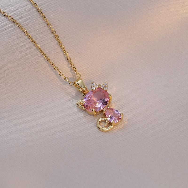 Katze Zirkon Anhänger Edelstahl Halskette Mädchen Schmuck Geburtstagsgeschenk gold/rosa von Joom DACH