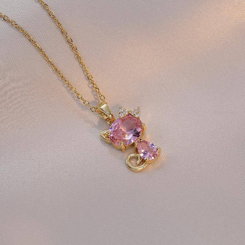 Katze Zirkon Anhänger Edelstahl Halskette Mädchen Schmuck Geburtstagsgeschenk gold/rosa von Joom DACH