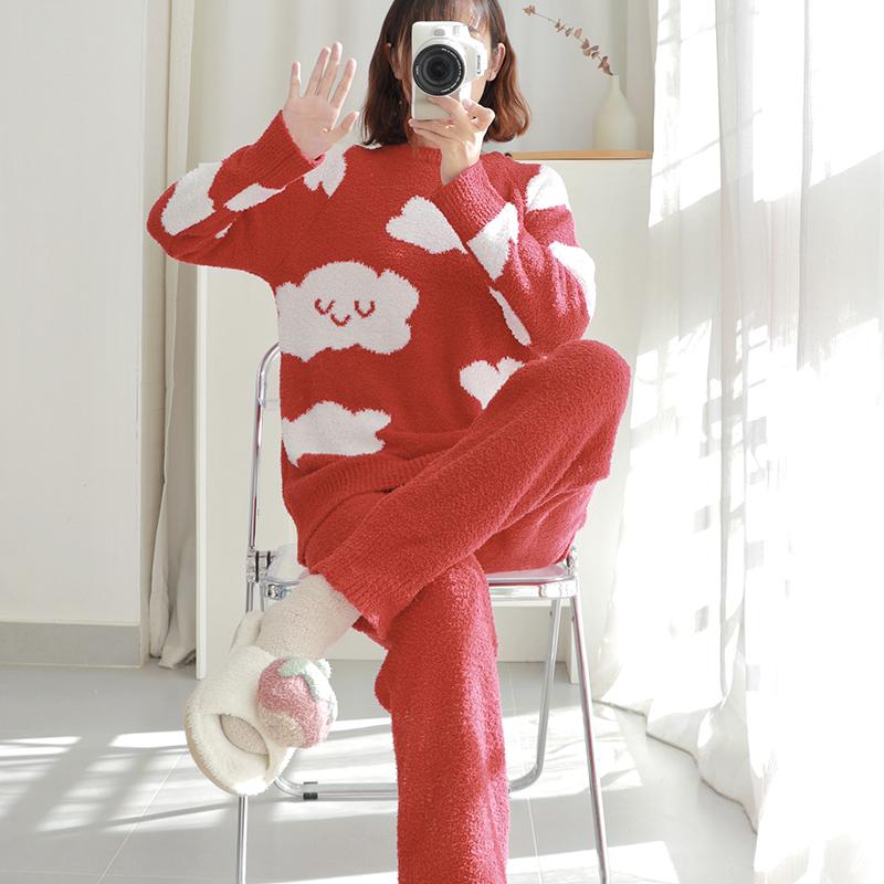 Kawaii Cartoon Pyjama Frauen Herbst und Winter Süße Schleife Rundhals Korallen Plüsch Verdickte Plüsch Mädchen Hause Kleidung One Size von Joom DACH