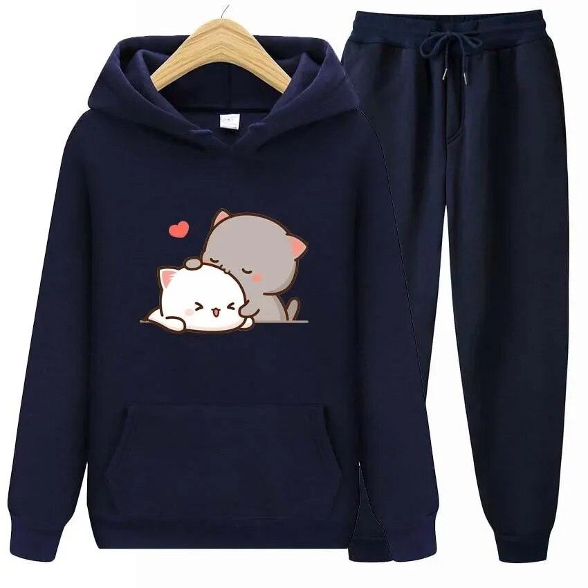 Kawaii Girl Anime Druck Herbst Winter Hoodies + Hosen Zweiteiler Set Damen Hoodies Trainingsanzüge Jogger dicke warme Kleidung 2XL von Joom DACH