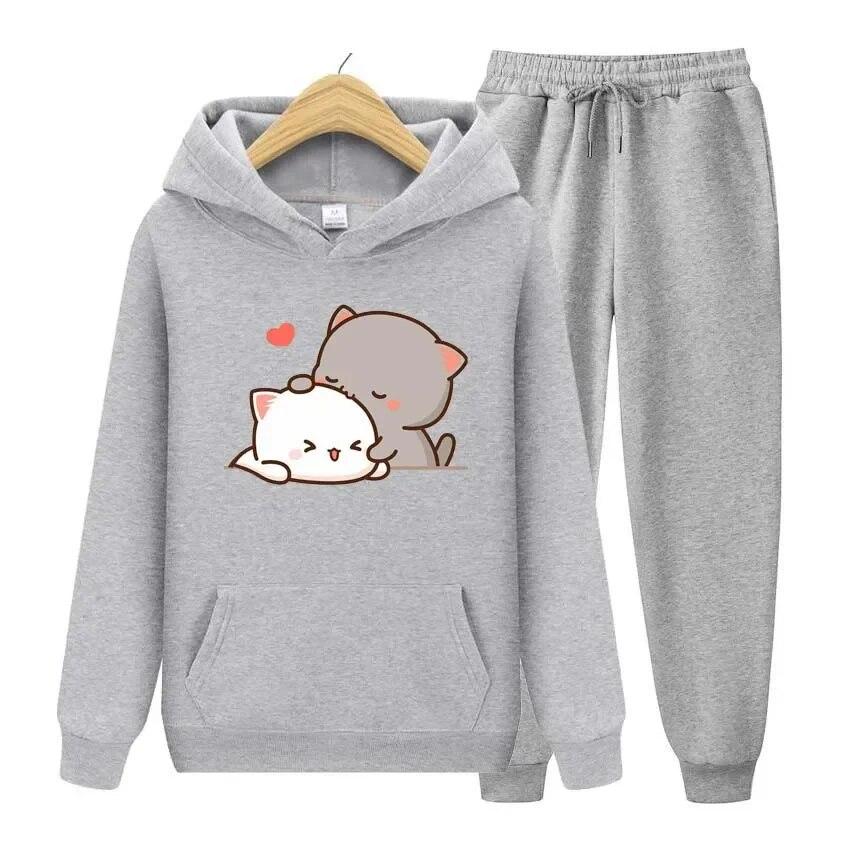 Kawaii Girl Anime Druck Herbst Winter Hoodies + Hosen Zweiteiler Set Damen Hoodies Trainingsanzüge Jogger dicke warme Kleidung 2XL von Joom DACH