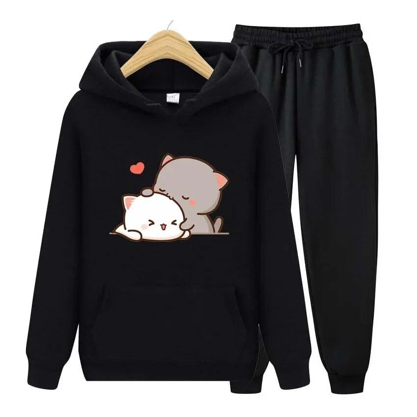 Kawaii Girl Anime Druck Herbst Winter Hoodies + Hosen Zweiteiler Set Damen Hoodies Trainingsanzüge Jogger dicke warme Kleidung XL von Joom DACH