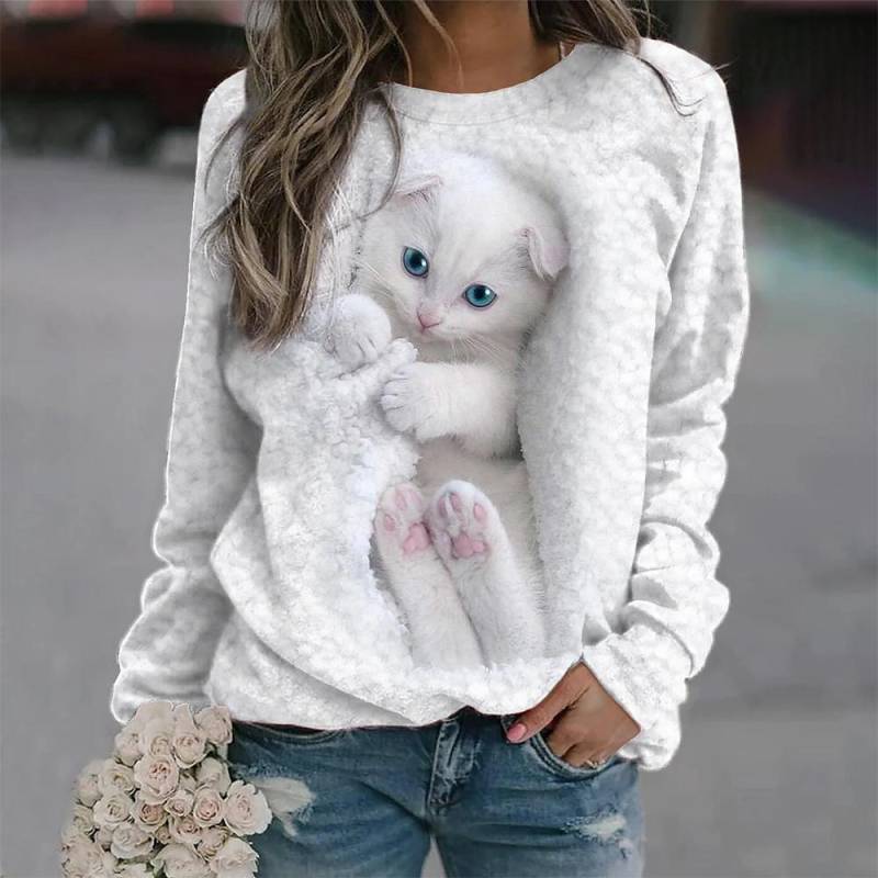 Kawaii Katze Damen T-Shirt 3D-Druck Casual Langarm T-Shirts Übergroße Harajuku Pullover Kleidung Tägliche Bluse Weibliche Lose Tops 2XL von Joom DACH
