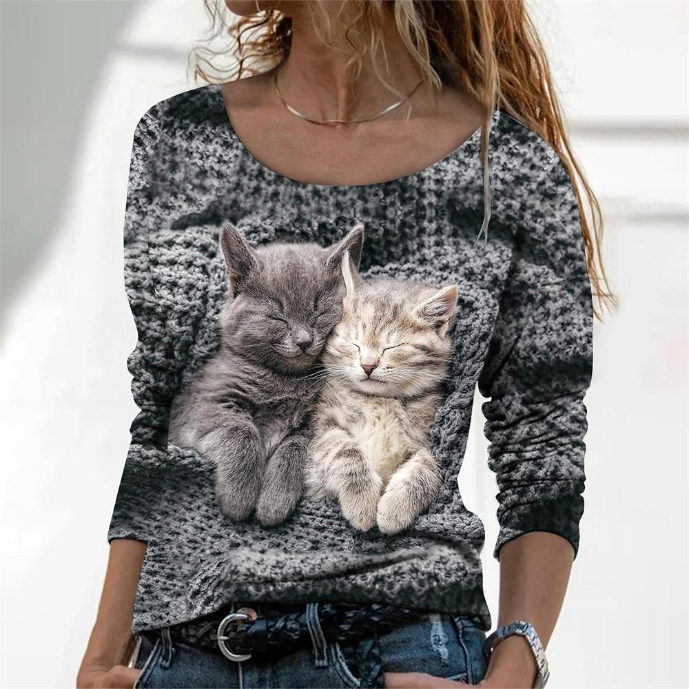 Kawaii Katze Damen T-Shirt 3D-Druck Casual Langarm T-Shirts Übergroße Harajuku Pullover Kleidung Tägliche Bluse Weibliche Lose Tops 2XL von Joom DACH