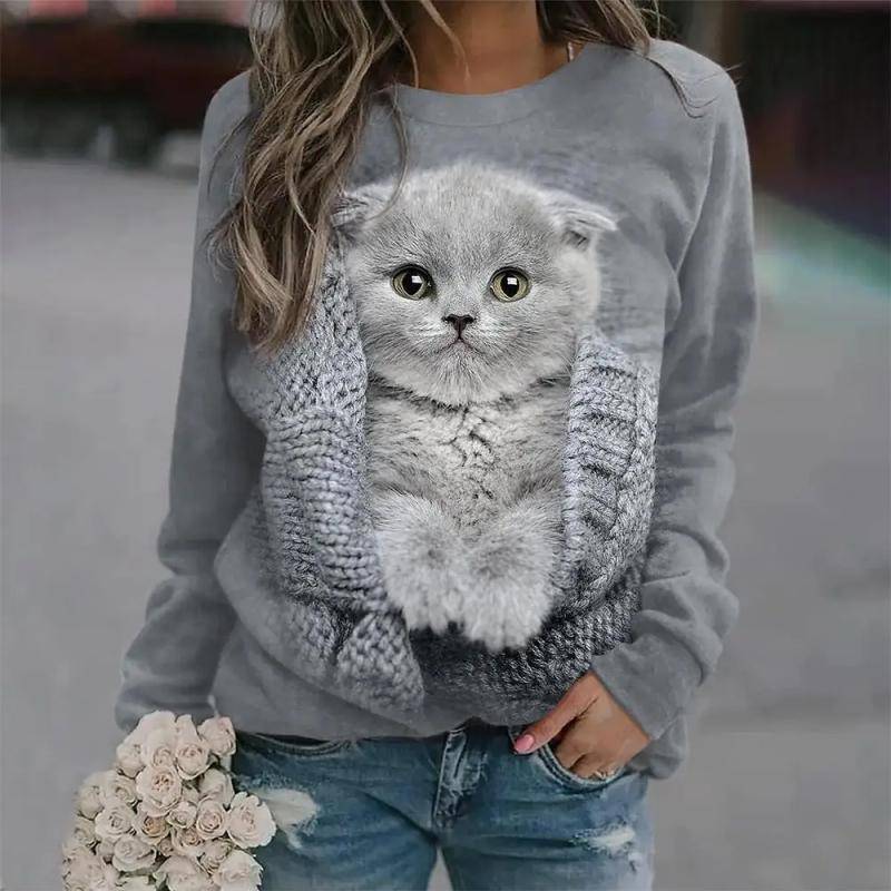 Kawaii Katze Damen T-Shirt 3D-Druck Casual Langarm T-Shirts Übergroße Harajuku Pullover Kleidung Tägliche Bluse Weibliche Lose Tops 3XL von Joom DACH