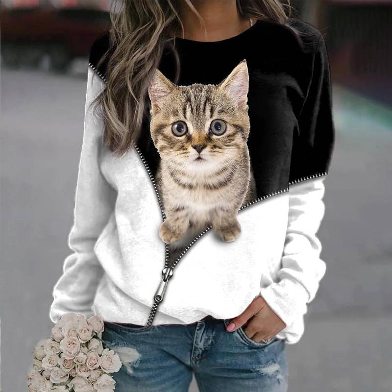 Kawaii Katze Damen T-Shirt 3D-Druck Casual Langarm T-Shirts Übergroße Harajuku Pullover Kleidung Tägliche Bluse Weibliche Lose Tops L von Joom DACH