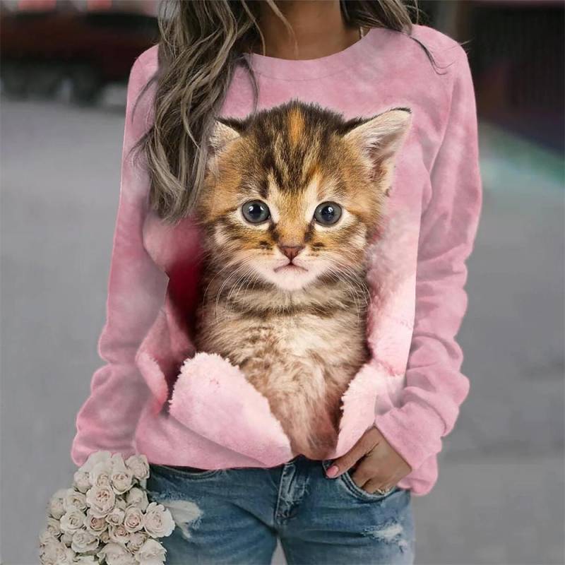 Kawaii Katze Damen T-Shirt 3D-Druck Casual Langarm T-Shirts Übergroße Harajuku Pullover Kleidung Tägliche Bluse Weibliche Lose Tops L von Joom DACH