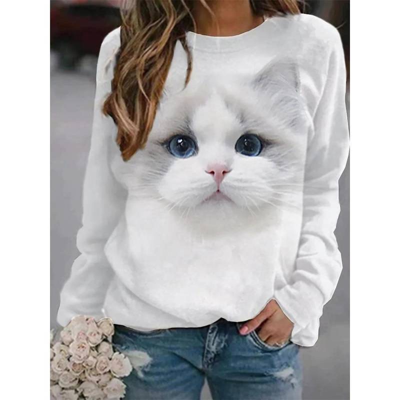 Kawaii Katze Damen T-Shirt 3D-Druck Casual Langarm T-Shirts Übergroße Harajuku Pullover Kleidung Tägliche Bluse Weibliche Lose Tops M von Joom DACH