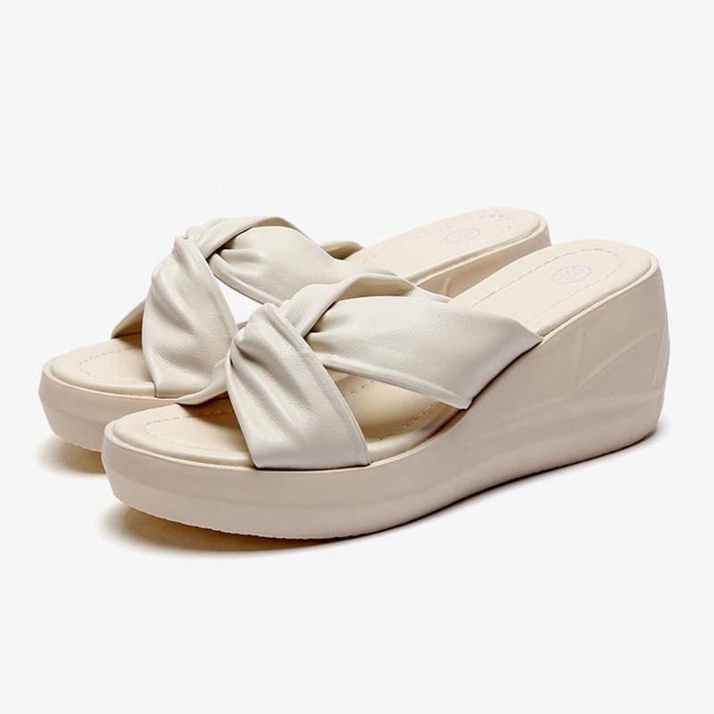 Keilabsatz-Hausschuhe Damen Plateausandalen Cross Bow Sommer All-Match PU-Schuhe High Heel Flip Flops Vintage Temperament Hausschuhe Casual Beach Wear 35 beige von Joom DACH