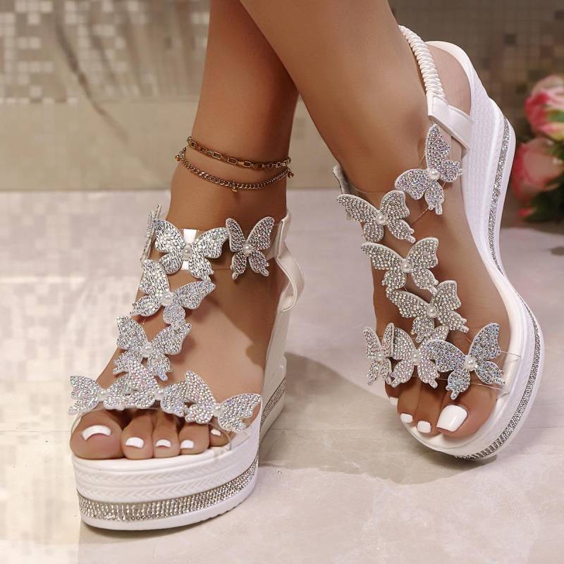 Keilsandalen für Damen mit Schmetterlingsperle, offener Spitze, dicker Sohle, Slip-On-Design mit PU-Bezug 41 weiß von Joom DACH