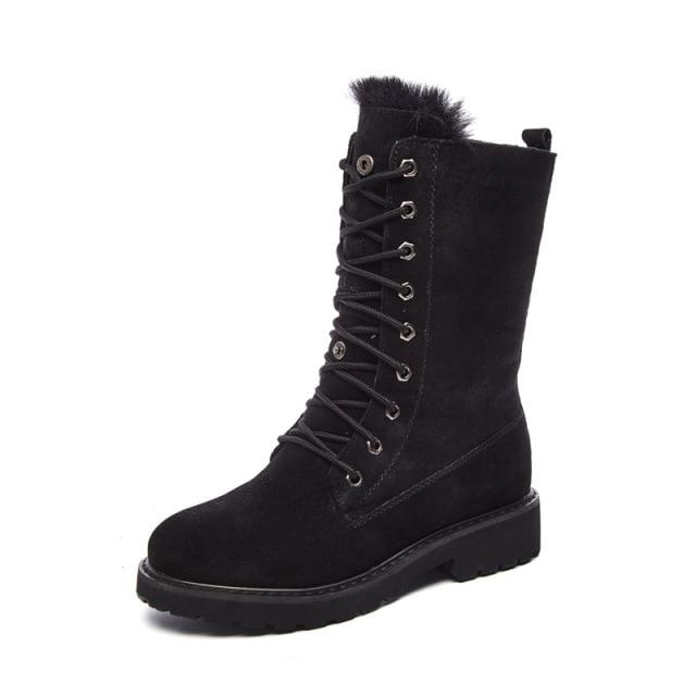 Keilschuhe aus echtem Leder, Schneestiefel für Damen, Winterstiefel, warm, für den Winter, Damen, mittelhohe Schuhe, mittelhohe Damen-Plateaustiefeletten 41 schwarz von Joom DACH