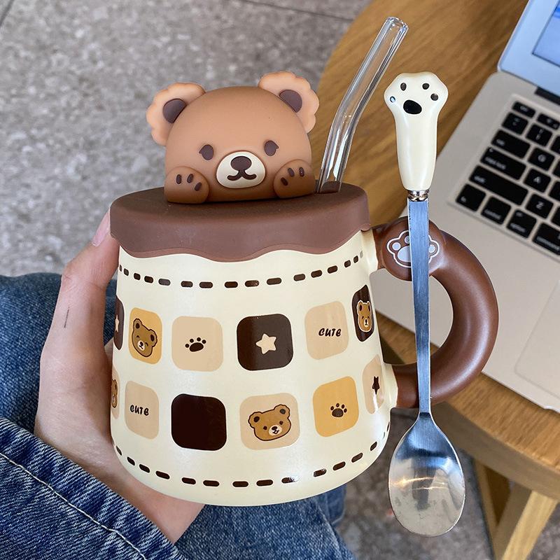 Keramiktasse Souvenirbecher mit Deckel Löffel Kreativ Niedlich Hochwertig Paar Kaffee Wasser Tasse 401-500ml von Joom DACH