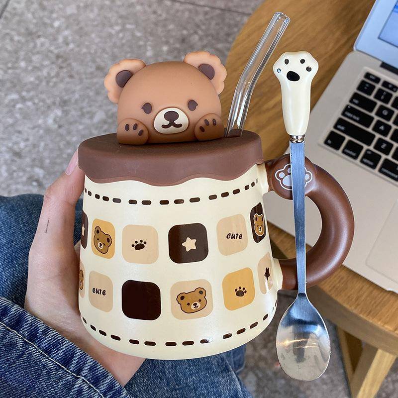 Keramiktasse Souvenirbecher mit Deckel Löffel Kreativ Niedlich Hochwertig Paar Kaffee Wasser Tasse 401-500ml von Joom DACH