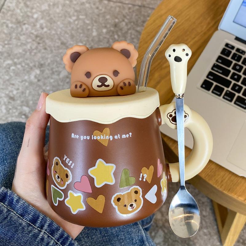 Keramiktasse Souvenirbecher mit Deckel Löffel Kreativ Niedlich Hochwertig Paar Kaffee Wasser Tasse 401-500ml von Joom DACH