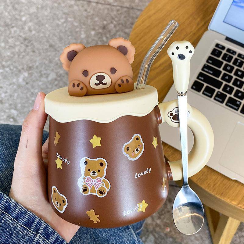 Keramiktasse Souvenirbecher mit Deckel Löffel Kreativ Niedlich Hochwertig Paar Kaffee Wasser Tasse 401-500ml von Joom DACH